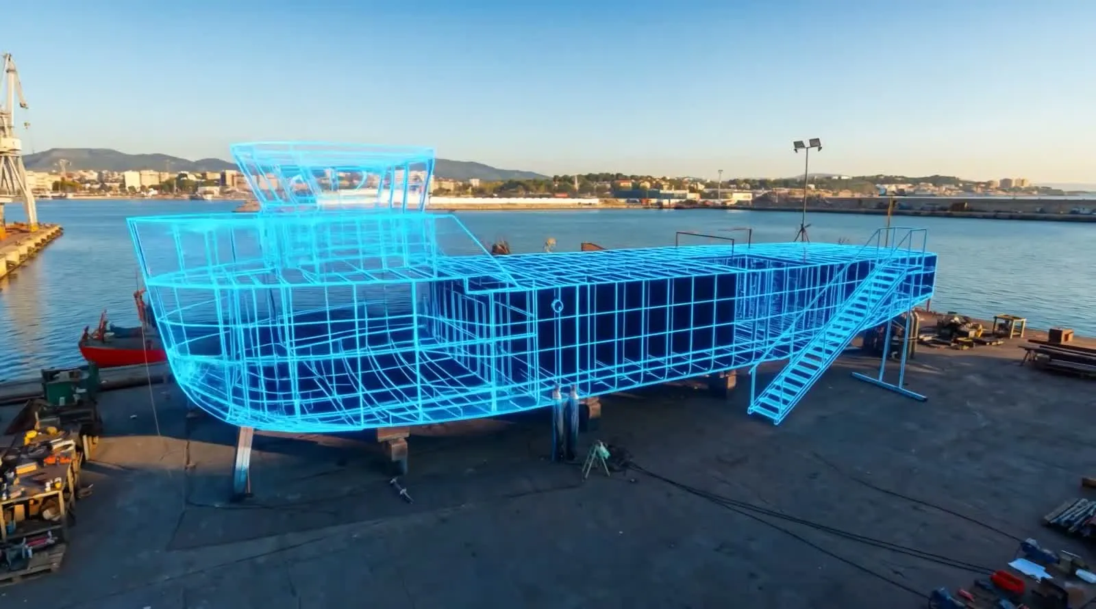 Modelo wireframe holográfico del casco de una embarcación profesional diseñada por OCEANAVAL.