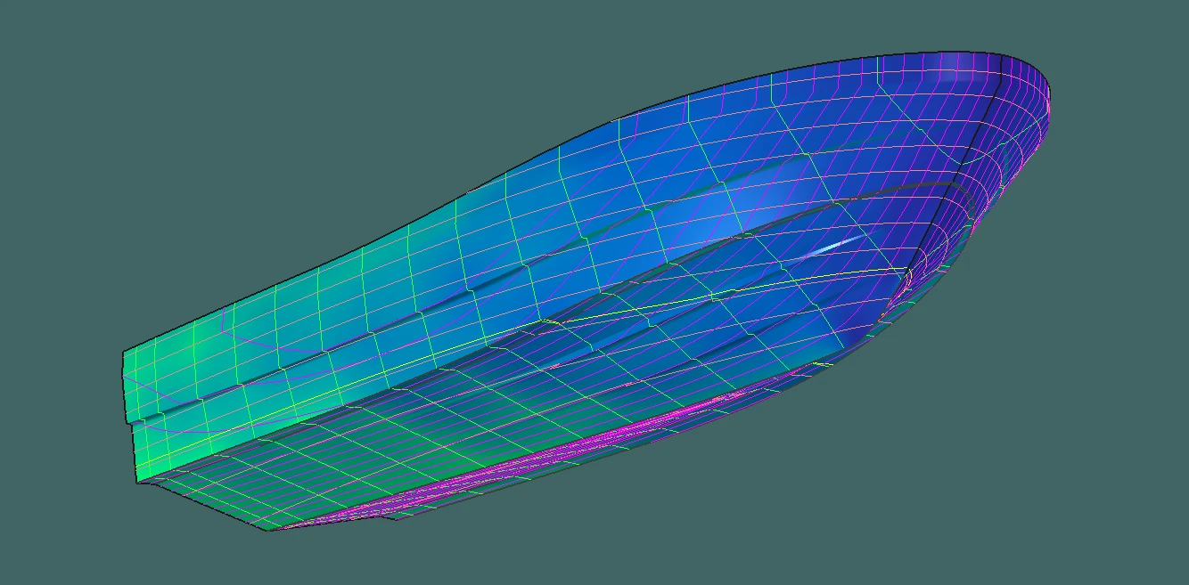Modelo 3D del casco de una embarcación profesional, con la malla de superficies coloreada, generado en los cálculos de arquitectura naval de OCEANAVAL.