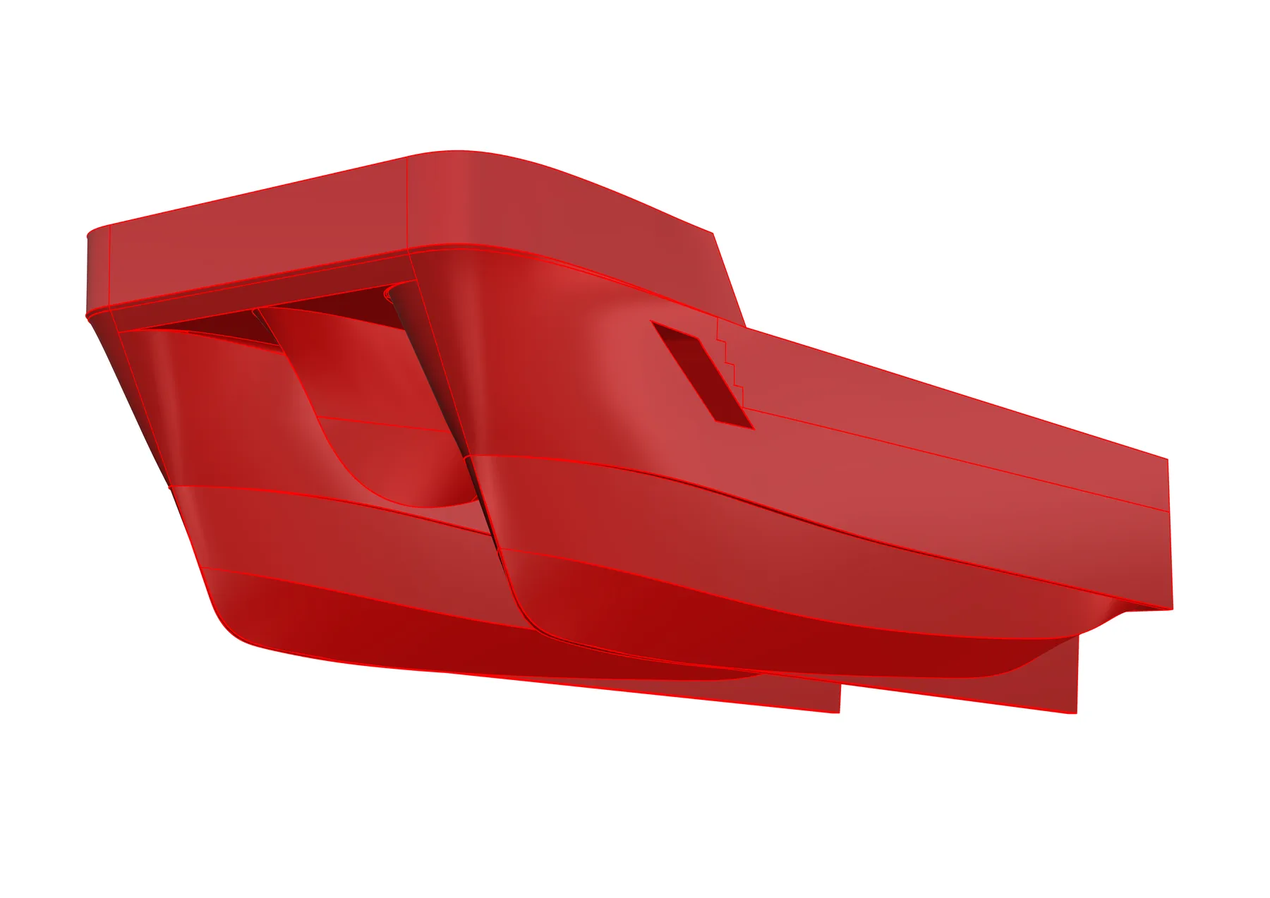 Render 3D del casco de una embarcación profesional en color rojo, mostrando la geometría de las formas de carena.