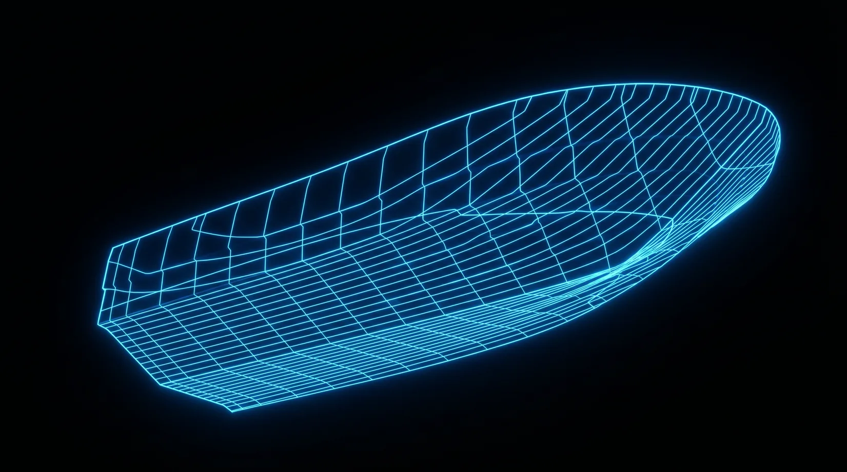 Render 3D wireframe del casco de una embarcación, con la malla estructural resaltada en cian sobre fondo oscuro.